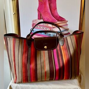 Longchamp Dark Brown Leather Bag with Multicolor Stripes (France)